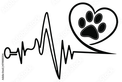 Heartbeat Line with Paw Print in Heart Shape pulse rhythm