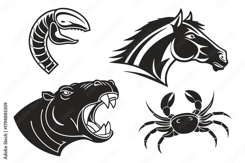 Obraz premium Stylized Black and White Animal Head Silhouettes and Illustrations worm horse