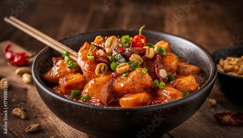 Kung Pao Chicken, stir-fried chicken with peanuts, dried chilies, and vegetables, bold savory-sweet flavor and vibrant Chinese cuisine visuals