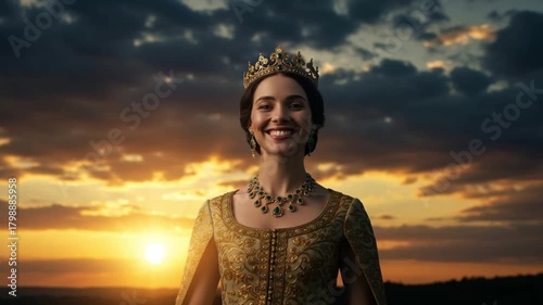 Woman in regal attire, golden crown and sunset backdrop