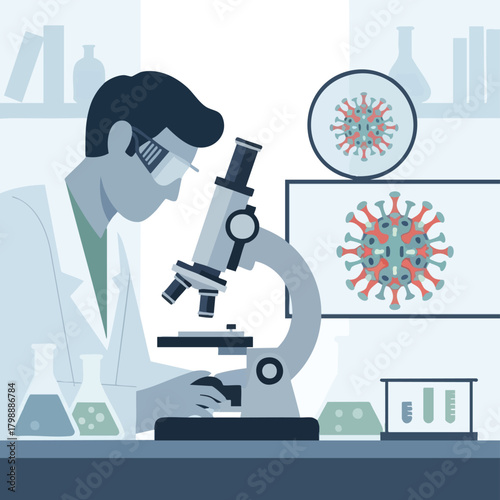 A scientist in a lab coat examines a sample through a microscope with aids and virus graphics nearby in a laboratory setting.