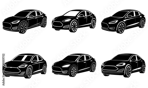 Six black tesla model s cars displayed in a grid pattern with varying angles and perspectives shown here