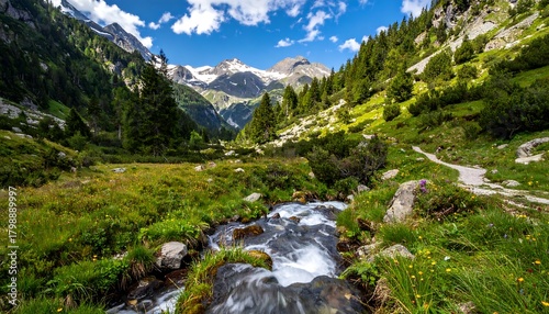 Fototapeta Naklejka Na Ścianę i Meble -  Lush valley scene with a clear stream winding through meadows and forests, leading to snow-capped mountains under a bright blue sky