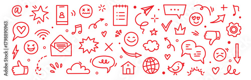 Emoji internet sketch icon set. Internet conversation, media outline tech emoji, star, arrow shape. Hand drawn sketch chat emoticon reaction, digital cloud, smile face elements. Vector illustration 