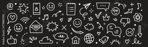 Emoji internet sketch icon set. Internet conversation, media outline tech emoji, star, arrow shape. Hand drawn sketch chat emoticon reaction, digital cloud, smile face elements. Vector illustration 