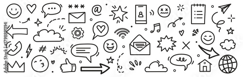 Emoji media hand drawn doodle icon set. Internet conversation, media outline tech emoji, star, arrow shape. Hand drawn sketch chat emoticon, digital cloud, smile face elements. Vector illustration