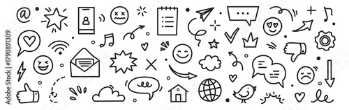 Emoji internet sketch icon set. Internet conversation, media outline tech emoji, star, arrow shape. Hand drawn sketch chat emoticon reaction, digital cloud, smile face elements. Vector illustration 