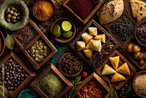 Explore global savory delights featuring a vibrant spread of spices, snacks, and flavors from around the world on a wooden table