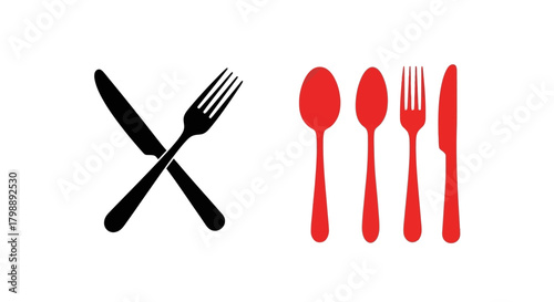 Graphic illustration of dining cutlery a black crossed knife and fork, and a red set of spoons and a knife. Represents meal service and restaurant concepts