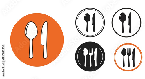 Cutlery Icons Spoon, Knife, and Fork Variations in Circular Frames - Serving and Dining Concepts