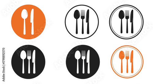 Stylish collection of vector dining cutlery icons featuring spoons, forks, and knives in various color schemes, ideal for restaurant menus, food blogs, or culinary design projects