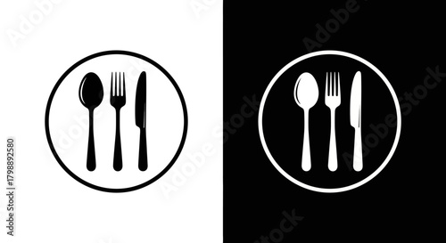Elegant Cutlery Icon Set in Circular Frames Fork, Spoon, and Knife in Black and White Variations