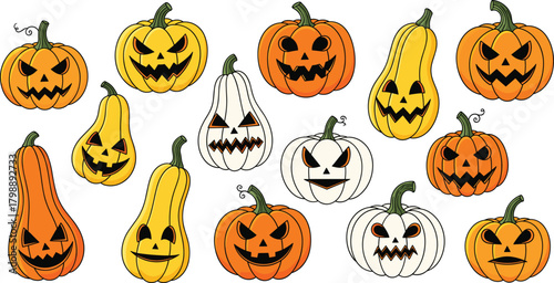 Set of Halloween Jack-o'-lantern Pumpkins Vector Illustration, Scary and Funny Carved Squash Faces.