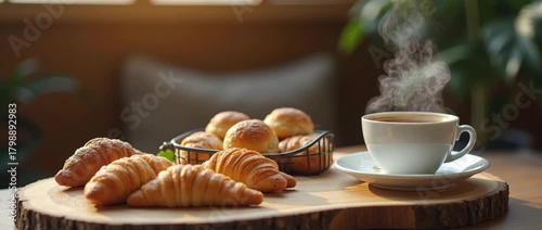 Steaming coffee cup beside fresh muffins on a cozy caf? table, with gentle ambient light flickering and a slow cinematic pan capturing the warm, inviting atmosphere.