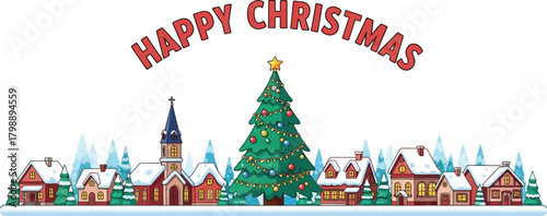 Happy christmas with snowy town and christmas tree