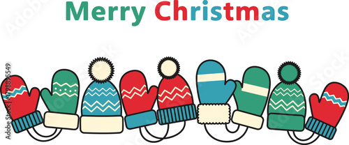 Festive row of colorful winter mittens and hats