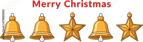 Merry christmas with golden bells and stars