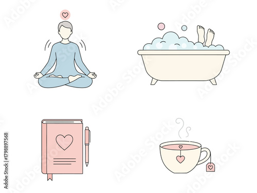 Set of four minimalist line art icons representing self-care, relaxation, and mental wellness activities.