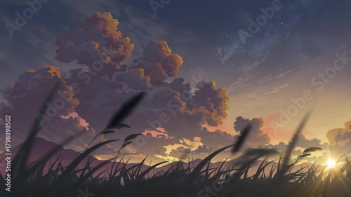 relaxing sunset evening sky with swaying tall grass loop in anime style