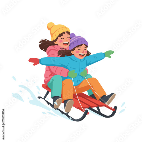 Vector Illustration of Two Girls Snow Sledding