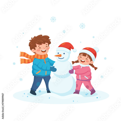 Vector Illustration of a Boy and His Younger Sister Building a Snowman with a Santa Hat
