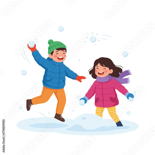 Vector Illustration of a Boy and a Girl Having a Snowball Fight