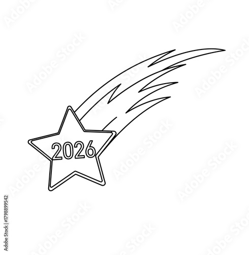 A simple line art illustration featuring the number 2026 on a shooting star or comet, representing wishes, dreams, and a hopeful future.
