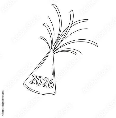 Line art illustration of a conical party hat with the number 2026 and streamers or ribbons flying from the top, a classic New Year's party accessory.
