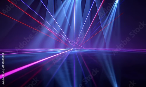 Abstract futuristic laser light show displaying geometric patterns and beams of blue and magenta light on a reflective surface