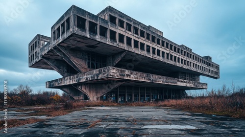 Abandoned Brutalist Architecture - The Buzludzha Monument in Bulgaria Under a Cloudy Sky.