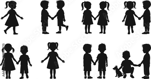 “Cute children silhouette set holding hands playing together friendship collection kids interaction standing poses illustration”