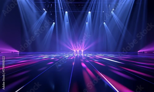 Dynamic stage lighting with vibrant blue and purple beams illuminating a reflective floor creating an energetic atmosphere for performances and events