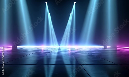 Futuristic neon stage with glowing blue and pink lights reflecting on a textured floor creating an immersive digital environment for performances or events