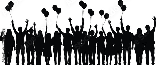 “Large group celebration silhouettes people holding balloons festive crowd raising hands joyful party event unity illustration”