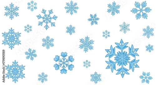 Collection of blue snowflakes on white background in varying sizes and shapes, concept for winter season decor, holiday greetings and festive backgrounds