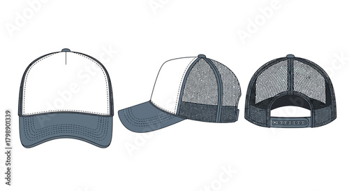 Three views of a trucker hat in white and gray, showing front, side and back perspectives, concept for fashion design, apparel mockups and custom branding projects