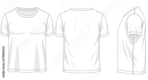 Three angle views of a blank white t-shirt illustration with short sleeves, concept for apparel design, textile mockup and garment presentation