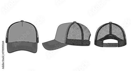Three views of a gray trucker hat, concept for apparel design, product mockup and fashion illustration