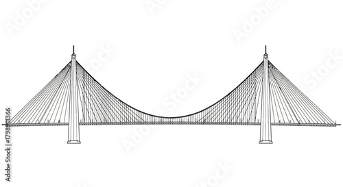 Detailed line drawing of a cable-stayed bridge on a white background, concept for architectural design, engineering blueprints and construction planning