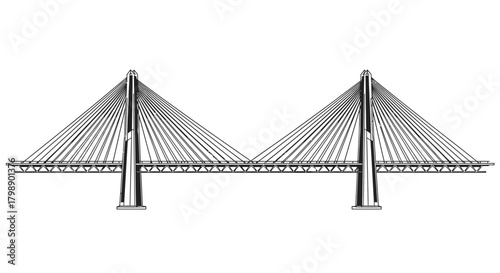 Minimalist line drawing of a cable-stayed bridge with symmetrical towers and numerous suspension cables, concept for architectural visualization, engineering design and infrastructure development