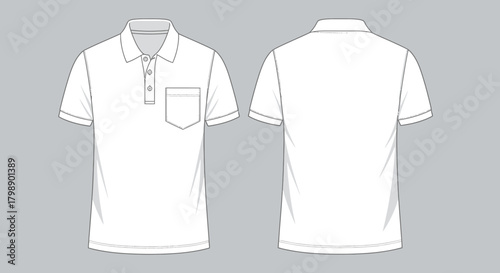 Front and back views of a white polo shirt with short sleeves, concept for fashion design, garment production and clothing catalog