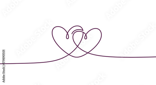 Minimalist one line drawing of two intertwined hearts on a white background, concept for wedding invitation design, anniversary card and romantic greeting card