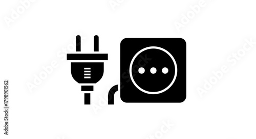 Black silhouette of electric plug and socket in vector format on white background, concept for electrical systems, home appliances and power source