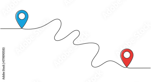 Two map pin pointer with winding line, one blue and one red color, concept for travel route, delivery path and navigation guidance