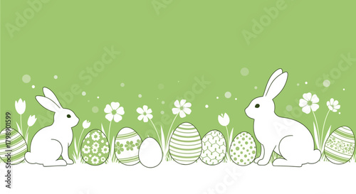 Whimsical Easter illustration with white bunnies, eggs and flowers on a pastel green backdrop, concept for greeting cards, seasonal decoration and festive banners