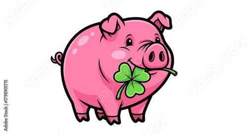 Cartoon pink pig holding green four leaf clover in its mouth, concept for good luck charm, St. Patrick's day celebration and greeting card design