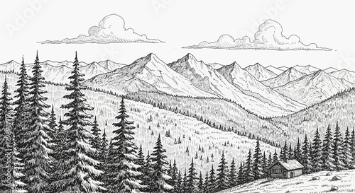 Black and white pen drawing of mountain range with conifer trees and a small cabin, concept for travel illustrations, scenic landscapes and nature backgrounds