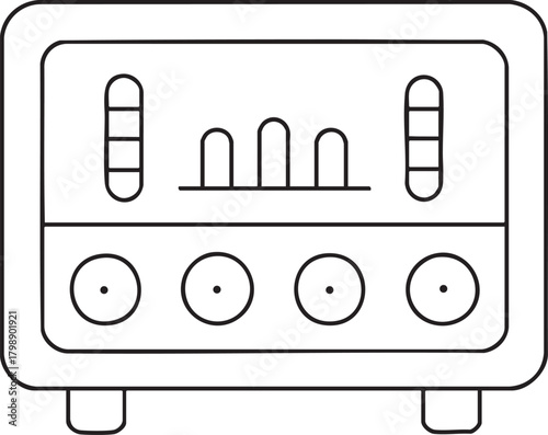 Vintage audio equalizer line art with level meters and knobs for sound mixing music equipment illustration