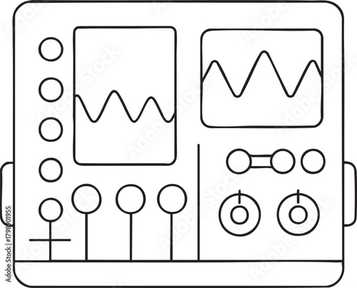 Diagnostic medical monitor line art illustration showing vital signs display and controls for healthcare technology