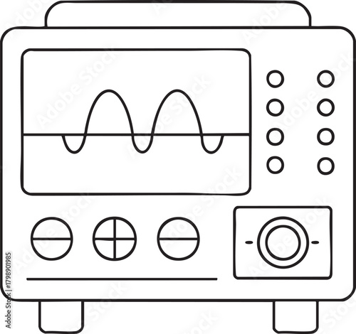 Oscilloscope icon line art with fluctuating waveform for science measurement diagnostics and electronic testing